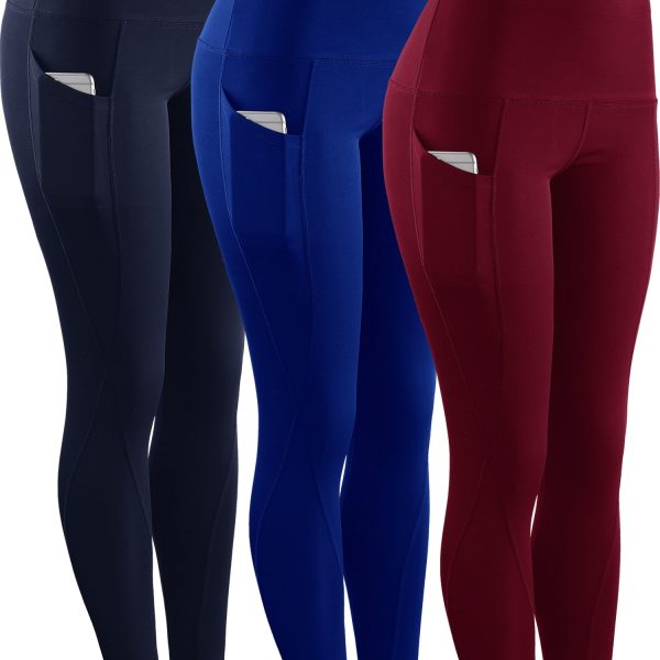 NELEUS Womens High Waist Running Workout Yoga Leggings with Pockets,Navy Blue+Blue+Red,US Size S
